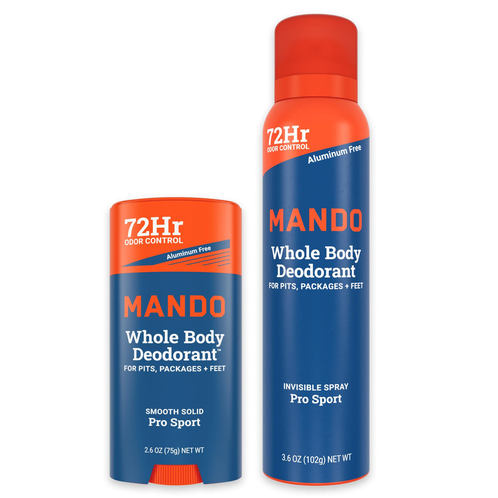 Mando Whole Body Deodorant Pro Sport 2-Piece System – 2.6 oz Solid Stick + 3.6 oz Spray (Aluminum & Baking Soda Free)