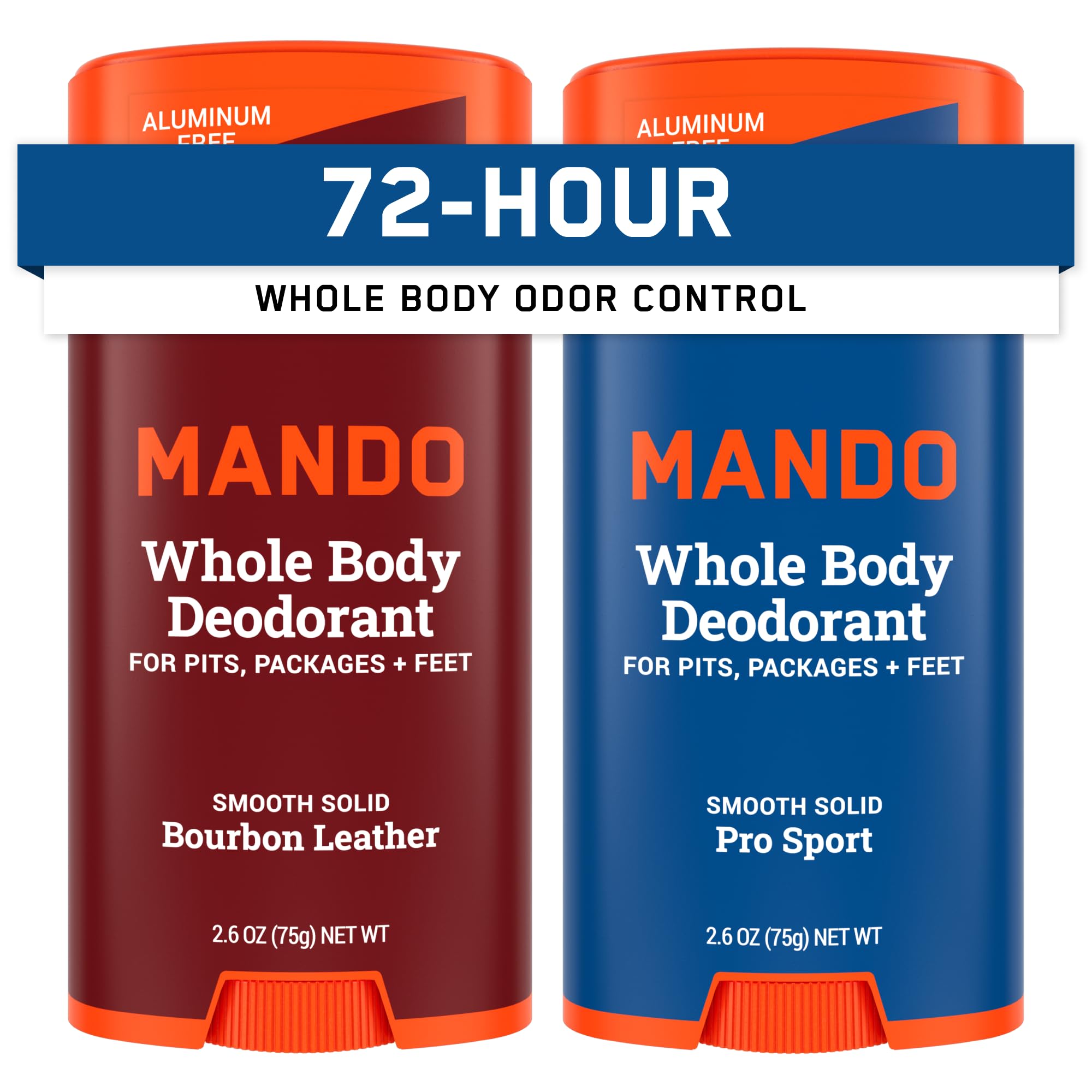 Mando Whole Body Deodorant for Men – Aluminum & Baking Soda Free, 72-Hour Odor Control (2x2.6 oz) Bourbon Leather & Pro Sport