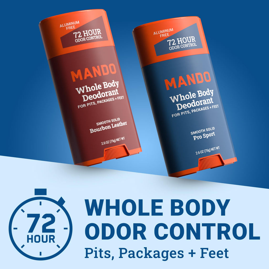 Mando Whole Body Deodorant for Men – Aluminum & Baking Soda Free, 72-Hour Odor Control (2x2.6 oz) Bourbon Leather & Pro Sport