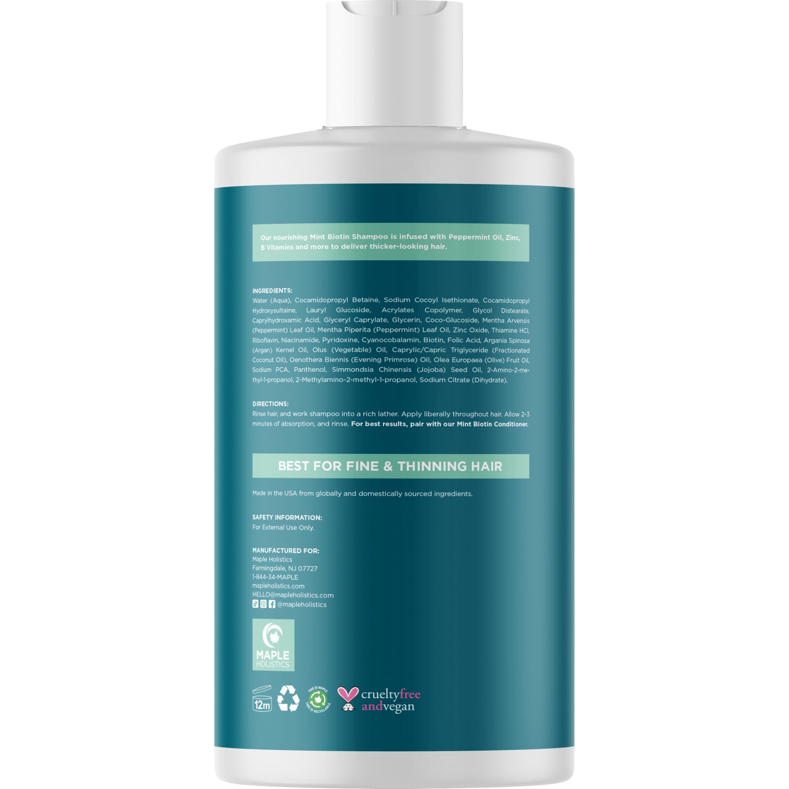 Maple Holistics Volumizing Biotin Shampoo for Thinning Hair – Peppermint, Argan & Essential Oils (Sulfate-Free)