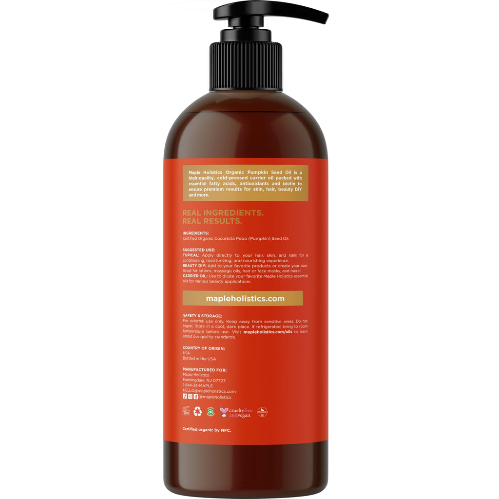 Maple Holistics Pumpkin Seed Oil Organic Certified - 100% Pure Virgin Cold-Pressed Hair & Face Oil (16oz)