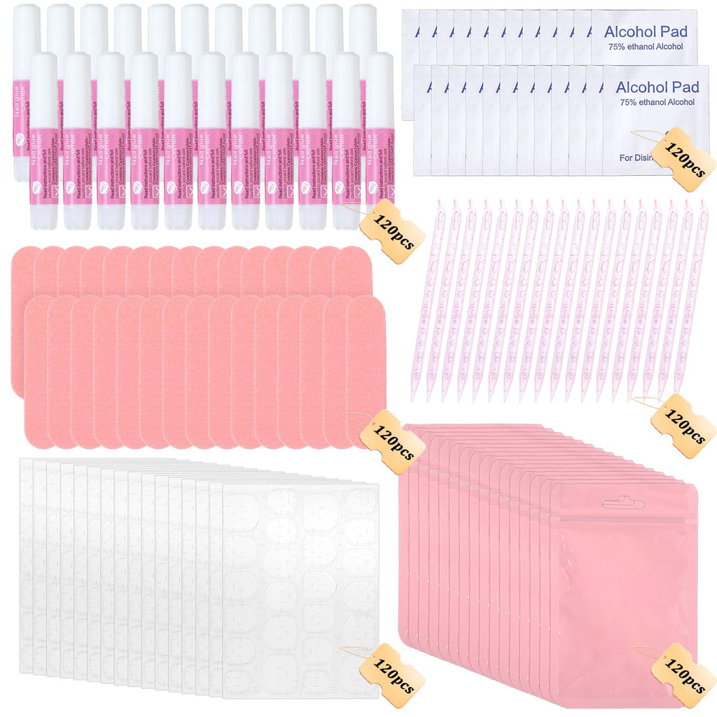 MAQUITA 120 Sets Press On Nail Tool Kit for Business – Disposable Prep Kit with File, Glue, Patches, Pads