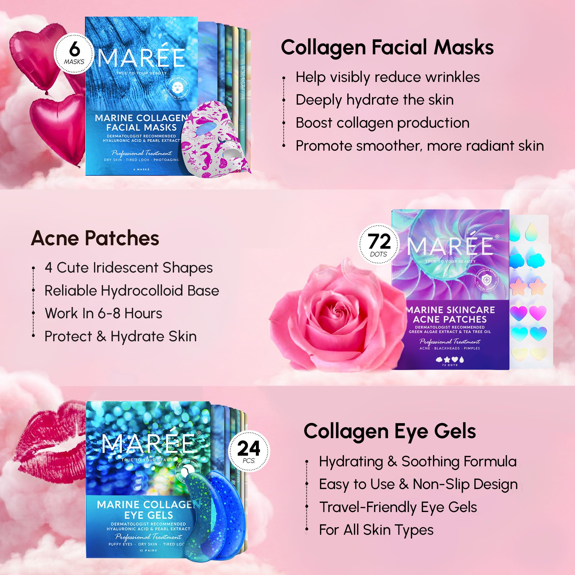 MAREE Valentines Day Skincare Gift Box – Under Eye Patches, Collagen Mask & Star Pimple Patches