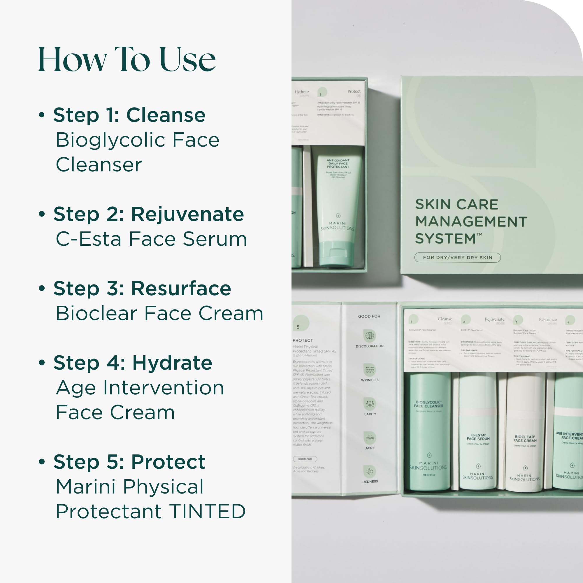 Marini SkinSolutions Skin Care Management System – Dry to Very Dry Skin, SPF 45 Tinted, Cruelty-Free, Made in USA