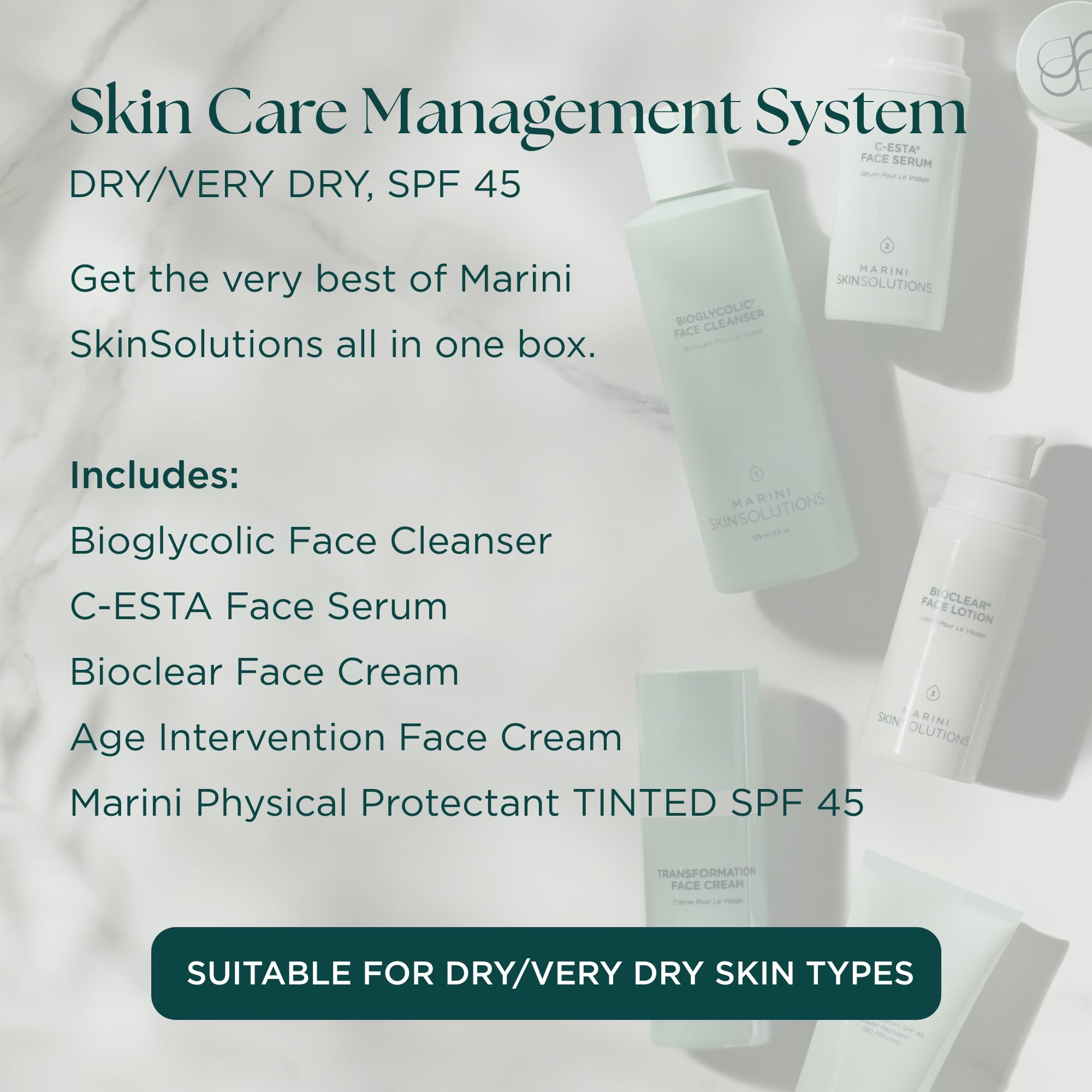 Marini SkinSolutions Skin Care Management System – Dry to Very Dry Skin, SPF 45 Tinted, Cruelty-Free, Made in USA