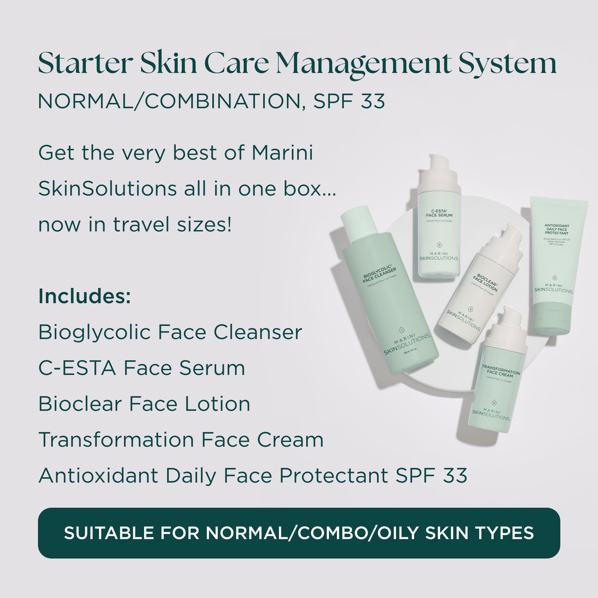 Marini SkinSolutions Travel Size Starter System for Normal to Combination Skin | SPF 33 Protectant, Cruelty Free, Made in USA