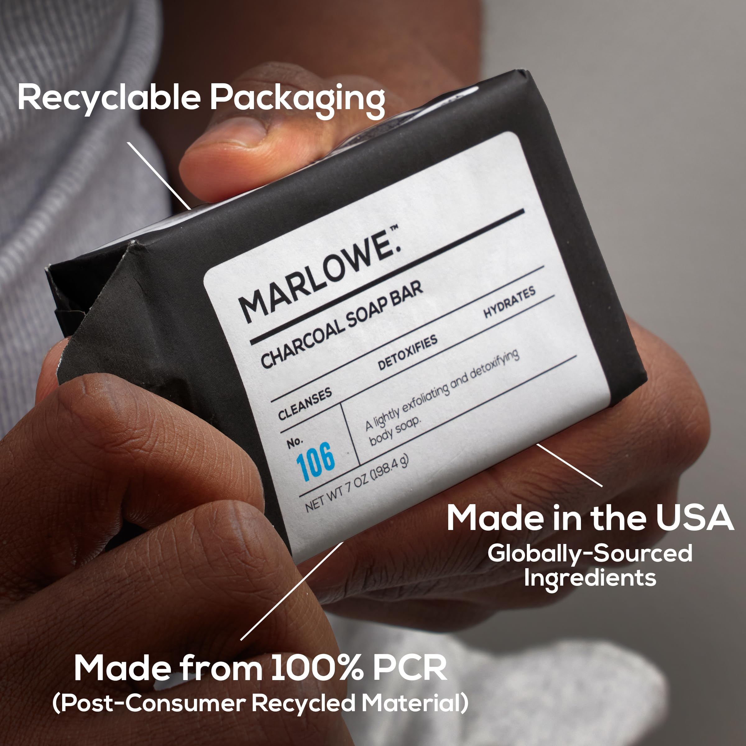 MARLOWE No. 106 Charcoal Soap 7 oz – Purifying, Hydrating Body Bar for Men