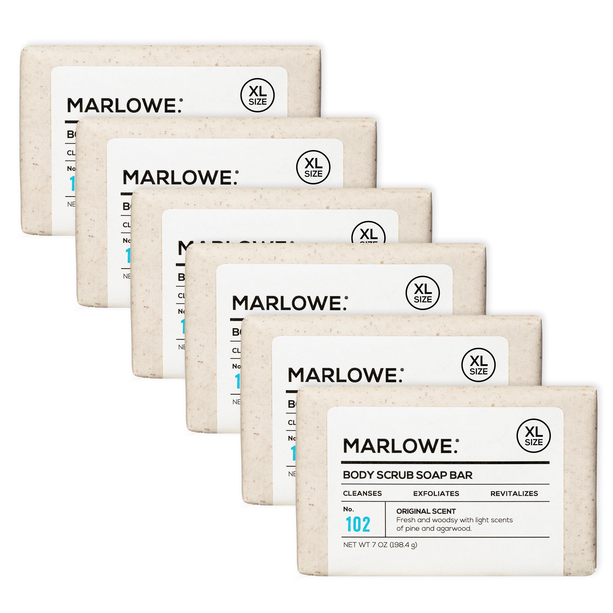 MARLOWE No. 102 Body Scrub Soap – Exfoliating 7 oz Bar (6-Pack) with Shea Butter, Olive Oil & Green Tea