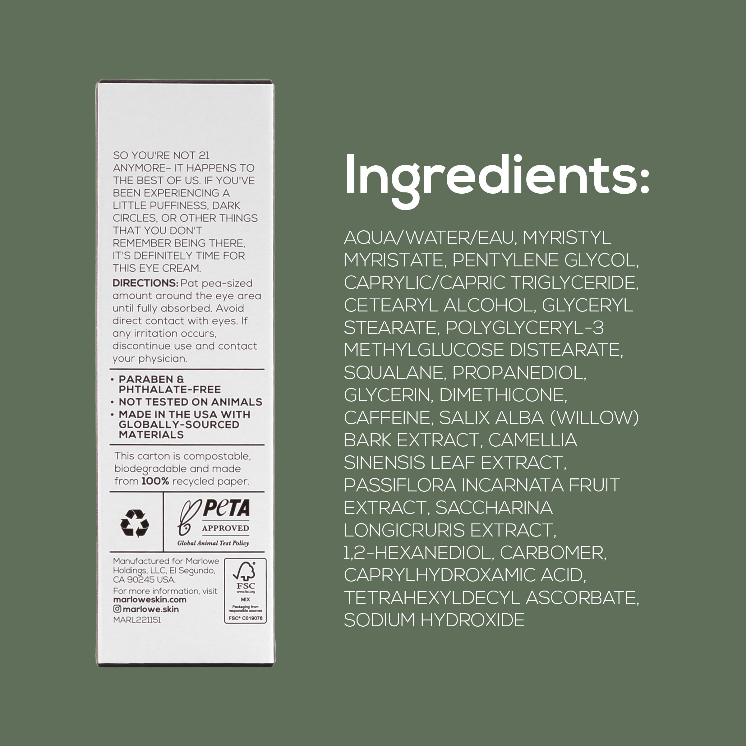 MARLOWE. No. 127 Mens Eye Cream | Vitamin C, Caffeine & Squalane for Puffiness, Wrinkles & Dark Circles