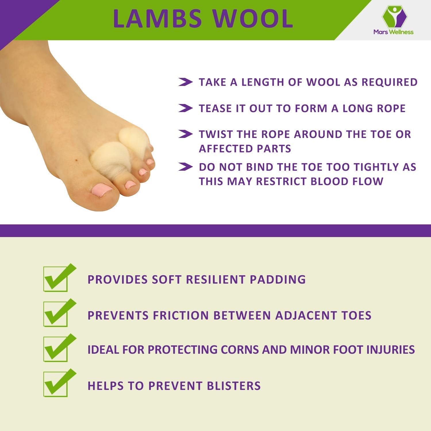 Mars Wellness Lambs Wool Toe Spacers – 4 Pack, Super Soft Toe Cushioning