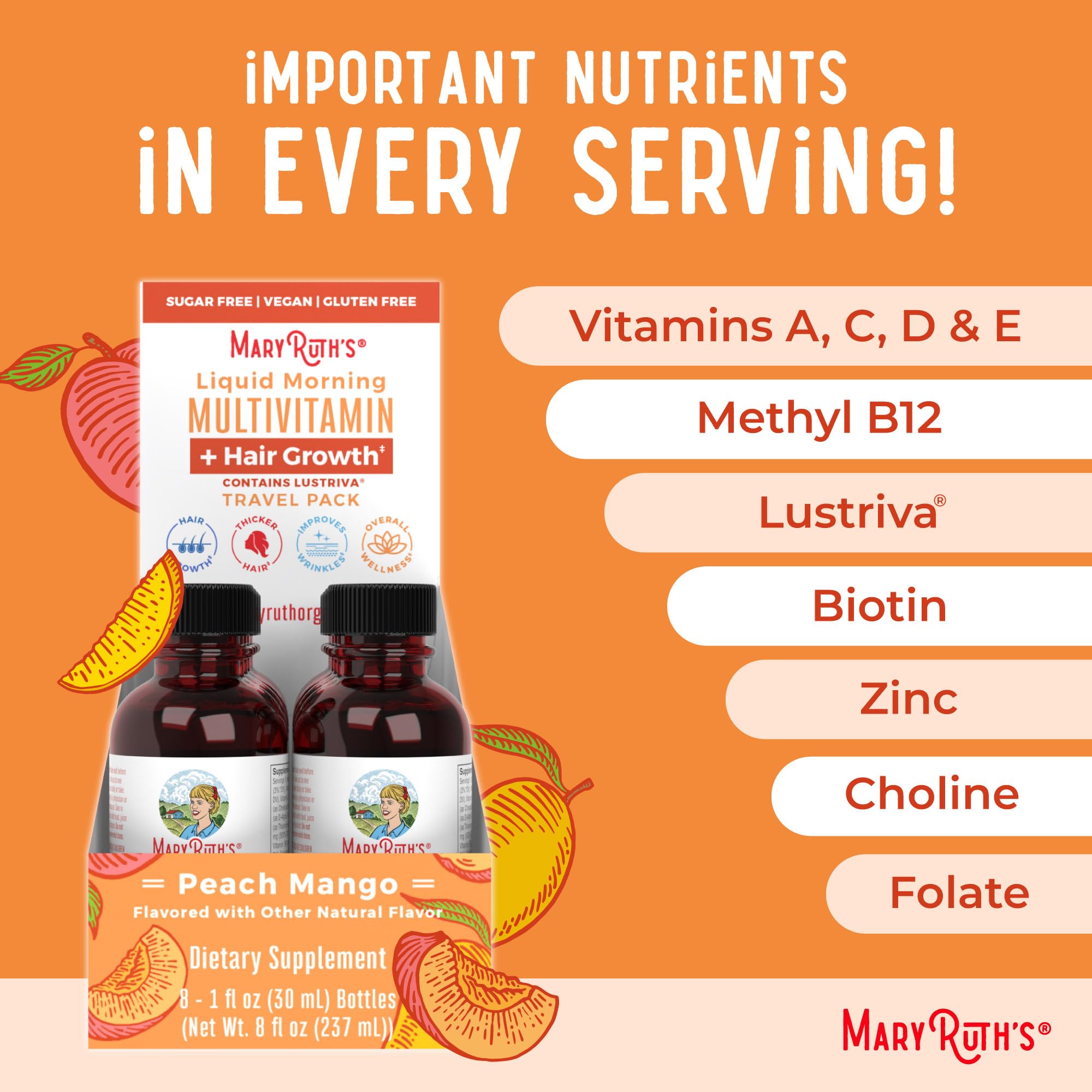 MaryRuth Organics Liquid Multivitamin + Hair Growth Travel Pack – Lustriva, Biotin 10000 mcg, 8 x 1 oz