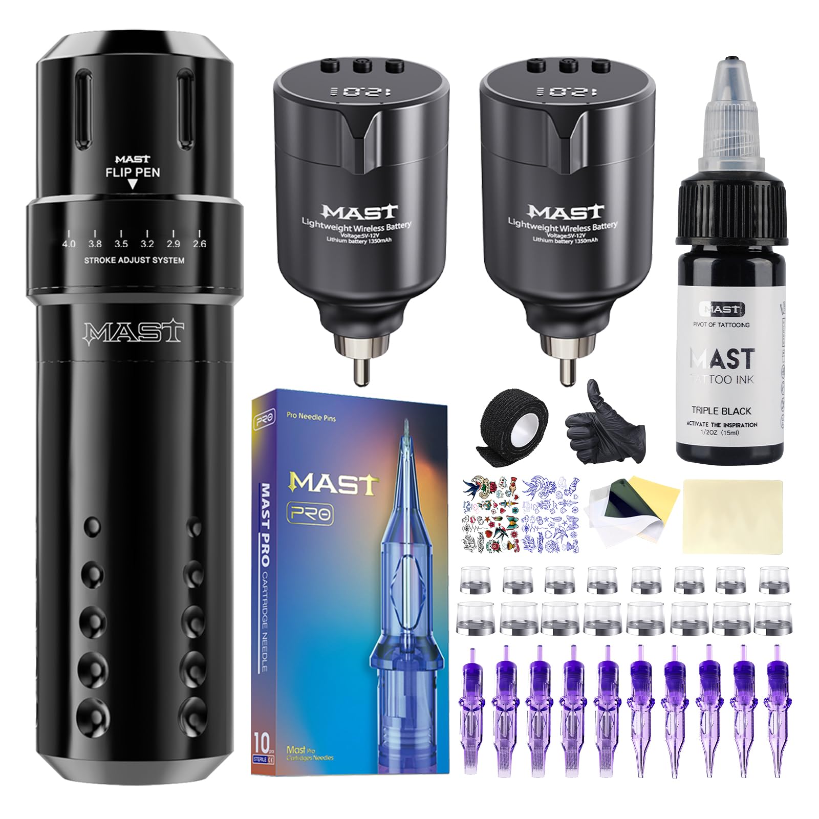 MAST TATTOO Flip Corded & Cordless Tattoo Kit – 6 Stroke Lengths, 2 Batteries, 10 Needles