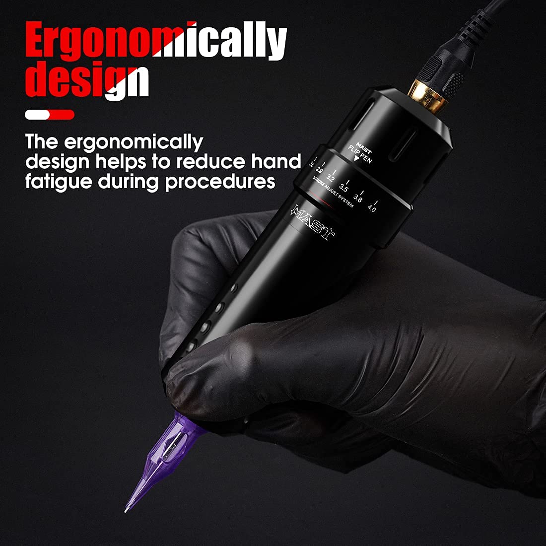 MAST TATTOO Flip Corded & Cordless Tattoo Kit – 6 Stroke Lengths, 2 Batteries, 10 Needles