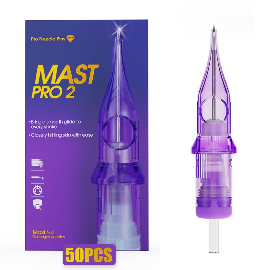Mast Pro2 Tattoo Cartridges – 50-Count Box, Mixed Sizes (1RL, 3RL, 5RL, 5RM, 7RM) with Membrane