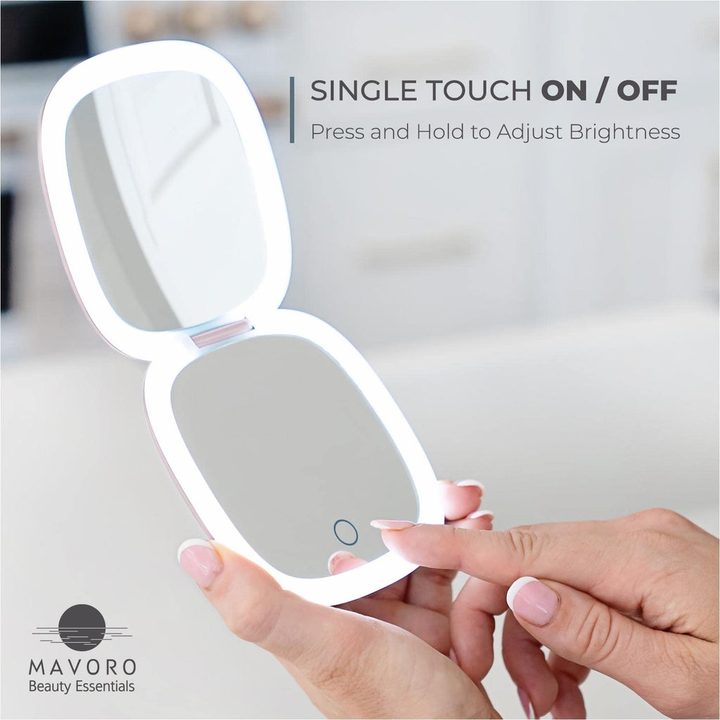 Mavoro LED Lighted Travel Mirror 1x/10x | USB-C Rechargeable | Heavenly Pink