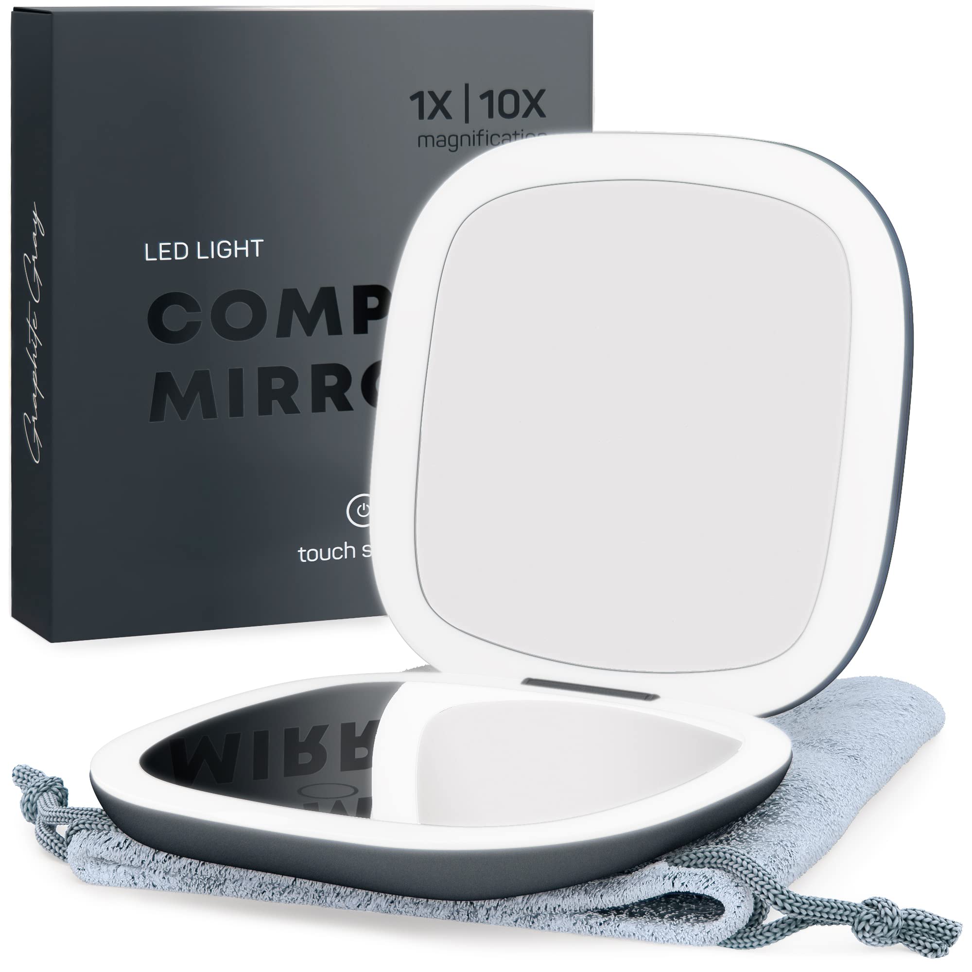 Mavoro LED Lighted Travel Mirror — 1x/10x Magnification, USB-C Rechargeable, Graphite Grey
