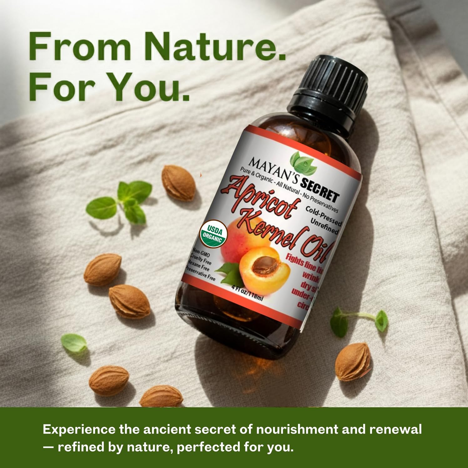 Mayan's Secret Organic Apricot Kernel Oil – Cold-Pressed, Unrefined, 4 oz | USDA Certified Organic