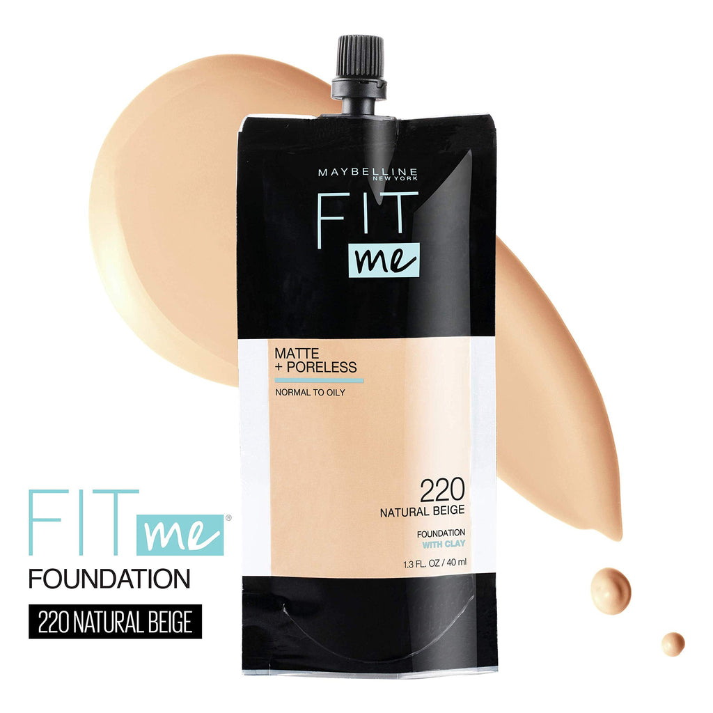 Maybelline Fit Me Matte + Poreless Foundation – Pouch, Shade 220 Natural Beige, 1.3 oz