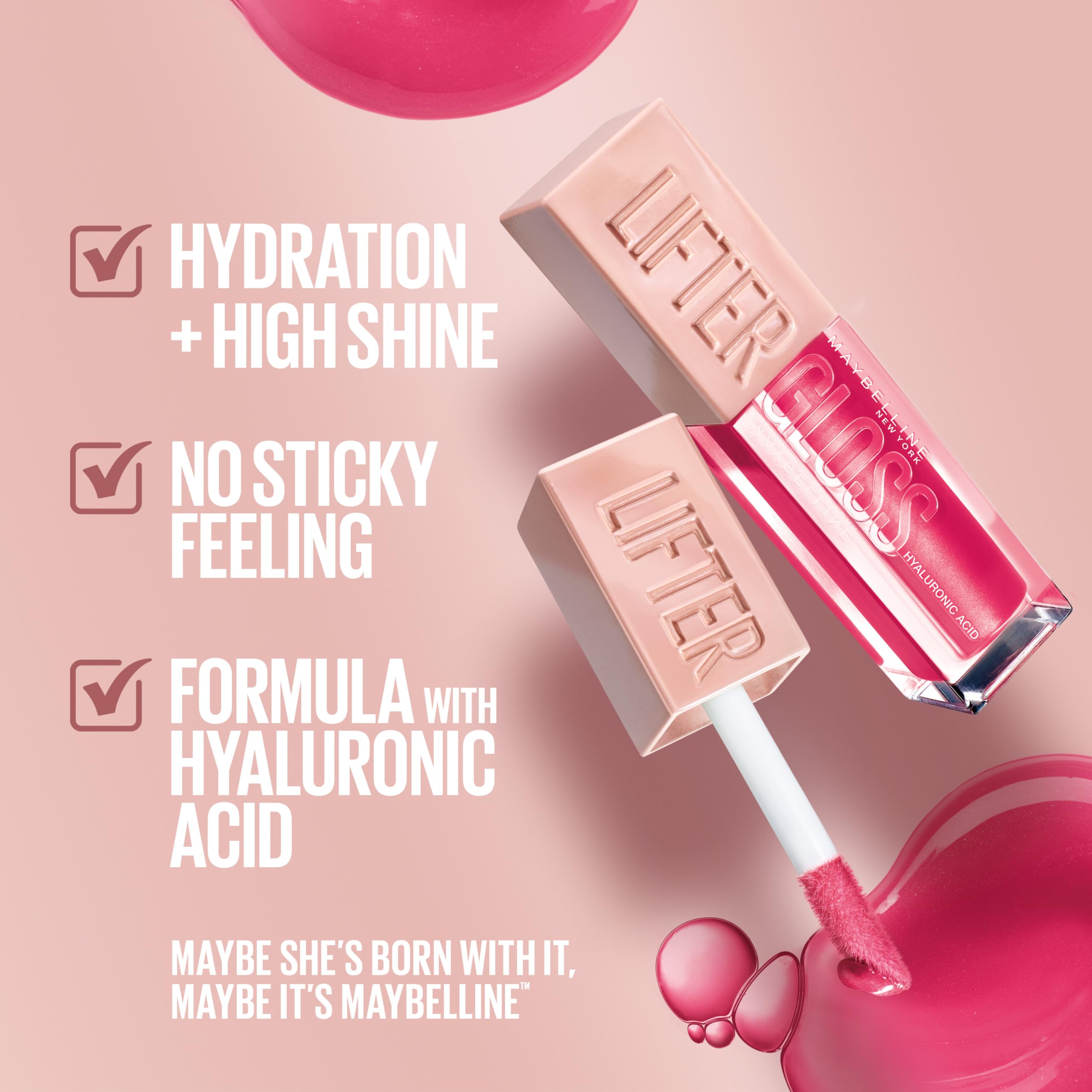 Maybelline Lifter Gloss with Hyaluronic Acid — Hydrating Lip Gloss, High Shine, Heat Raspberry, 0.18 oz (Pack of 2)