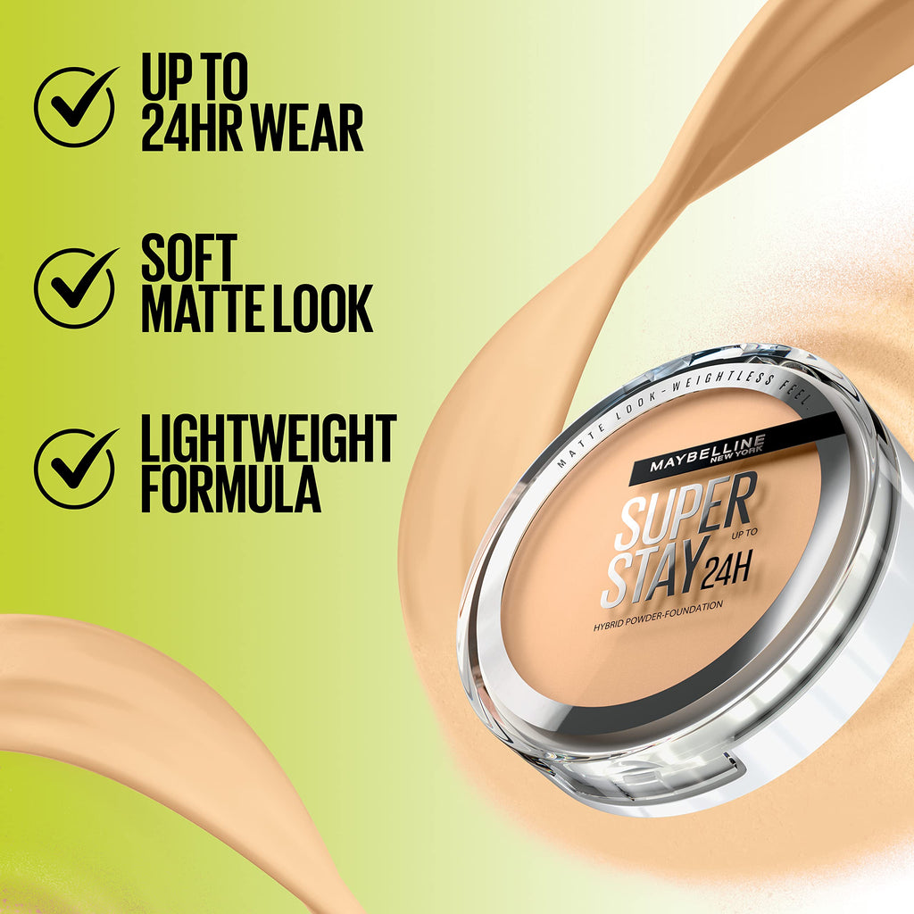 Maybelline Super Stay Hybrid Powder Foundation – 24HR Matte Coverage, Medium-to-Full, Shade 130