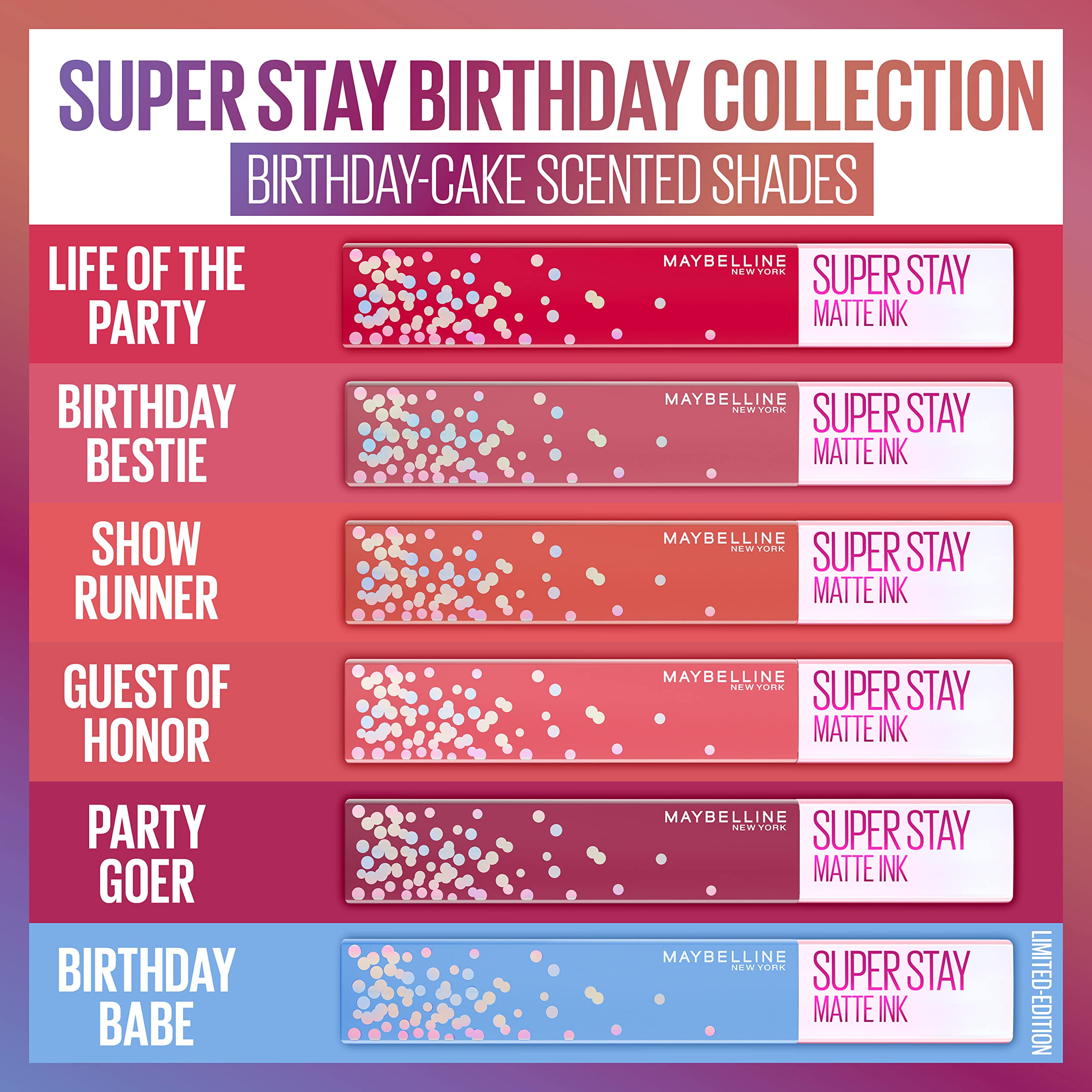 Maybelline New York Super Stay Matte Ink Birthday Edition – 16-Hour Transfer-Proof Lipstick, Birthday Babe (0.17 oz)