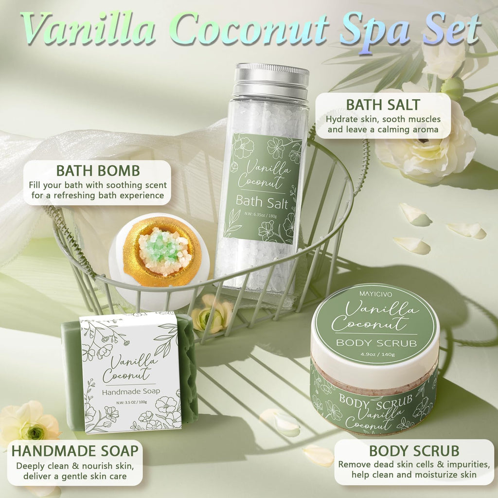 MAYICIVO Spa Gift Set for Women – Vanilla Coconut Self-Care Gift Basket & Home Spa Kit