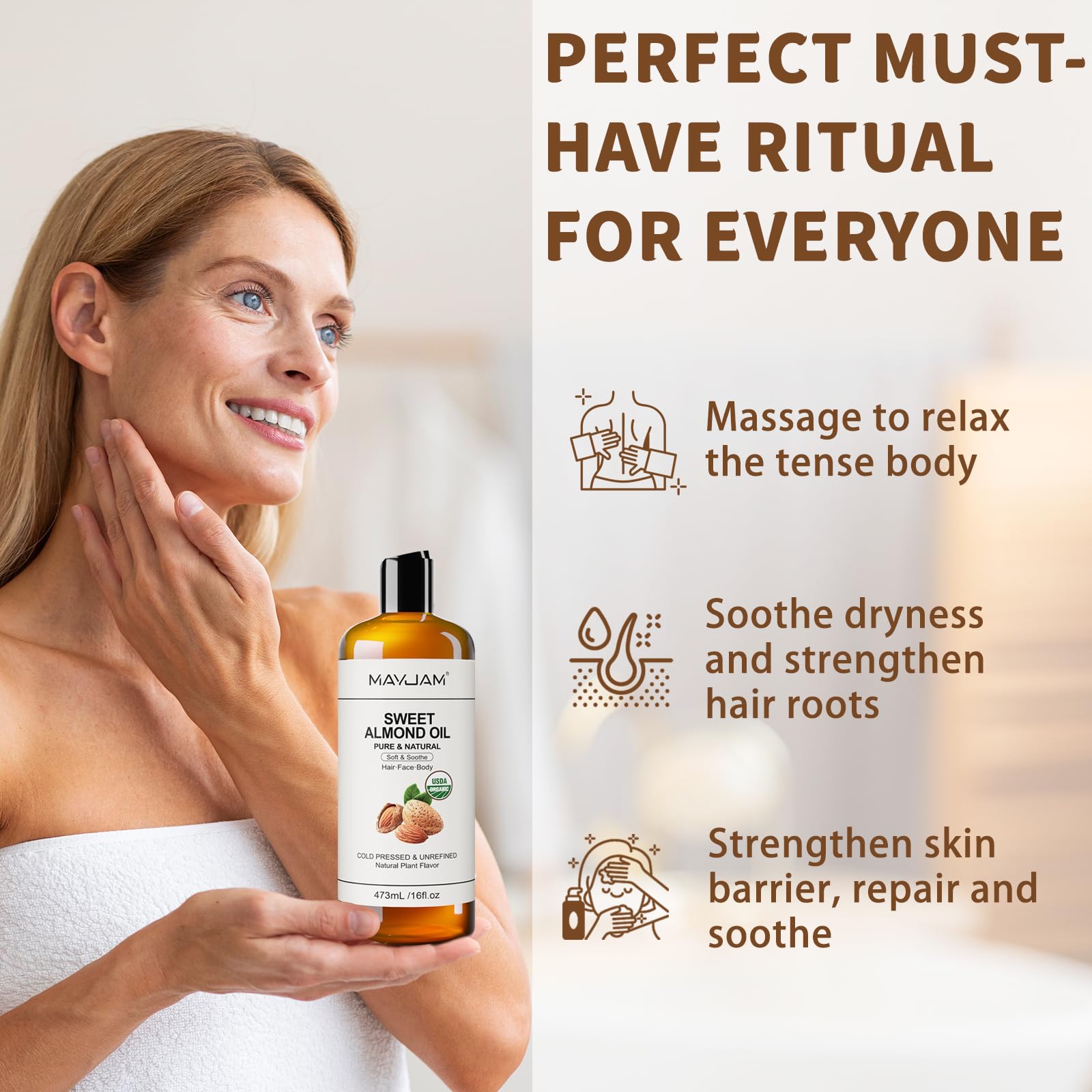 MAYJAM Sweet Almond Oil – 16 oz USDA Certified Pure & Natural Carrier Oil for Skin, Hair & Essential Oil Blends (473 ml)