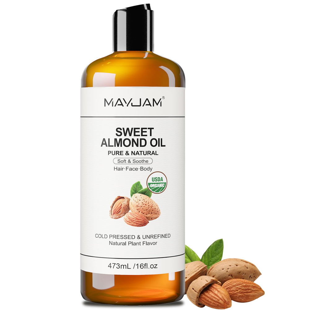 MAYJAM Sweet Almond Oil – 16 oz USDA Certified Pure & Natural Carrier Oil for Skin, Hair & Essential Oil Blends (473 ml)