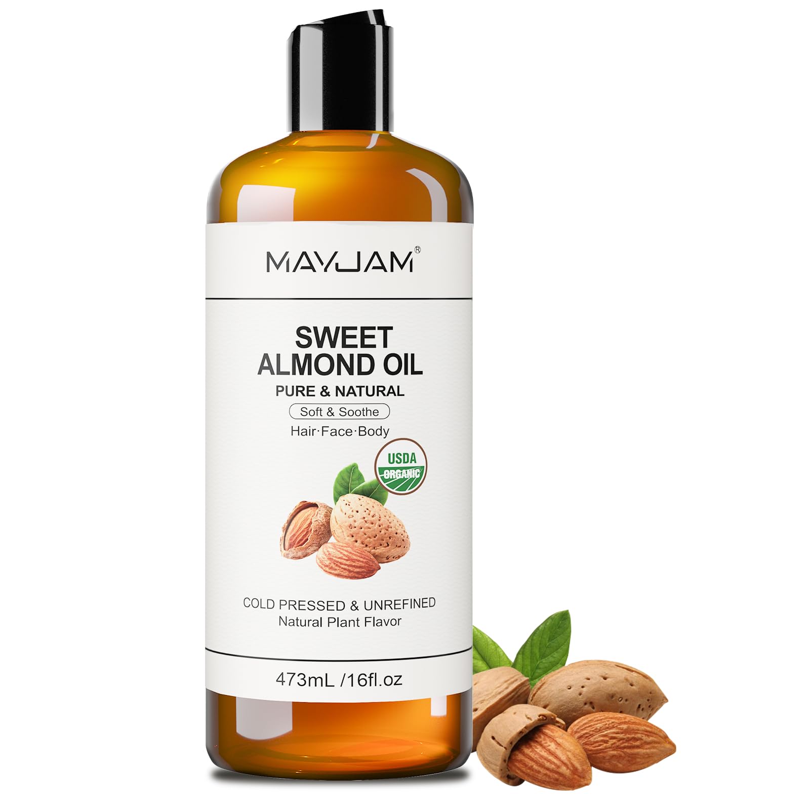 MAYJAM Sweet Almond Oil – 16 oz USDA Certified Pure & Natural Carrier Oil for Skin, Hair & Essential Oil Blends (473 ml)