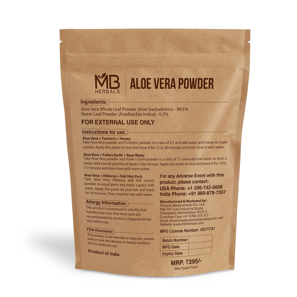 MB Herbals Aloe Vera Powder 1 lb | Aloe Barbadensis Powder for Skin Moisture & Hair Growth Support | External Use