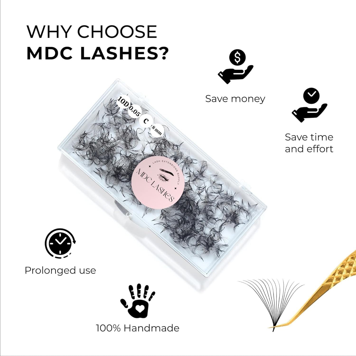 MDC LASHES 500 Premade Lash Fans — 5D-20D Volume Fans, 0.03-0.07 Thickness, C/CC/D Curls, 8-18 mm