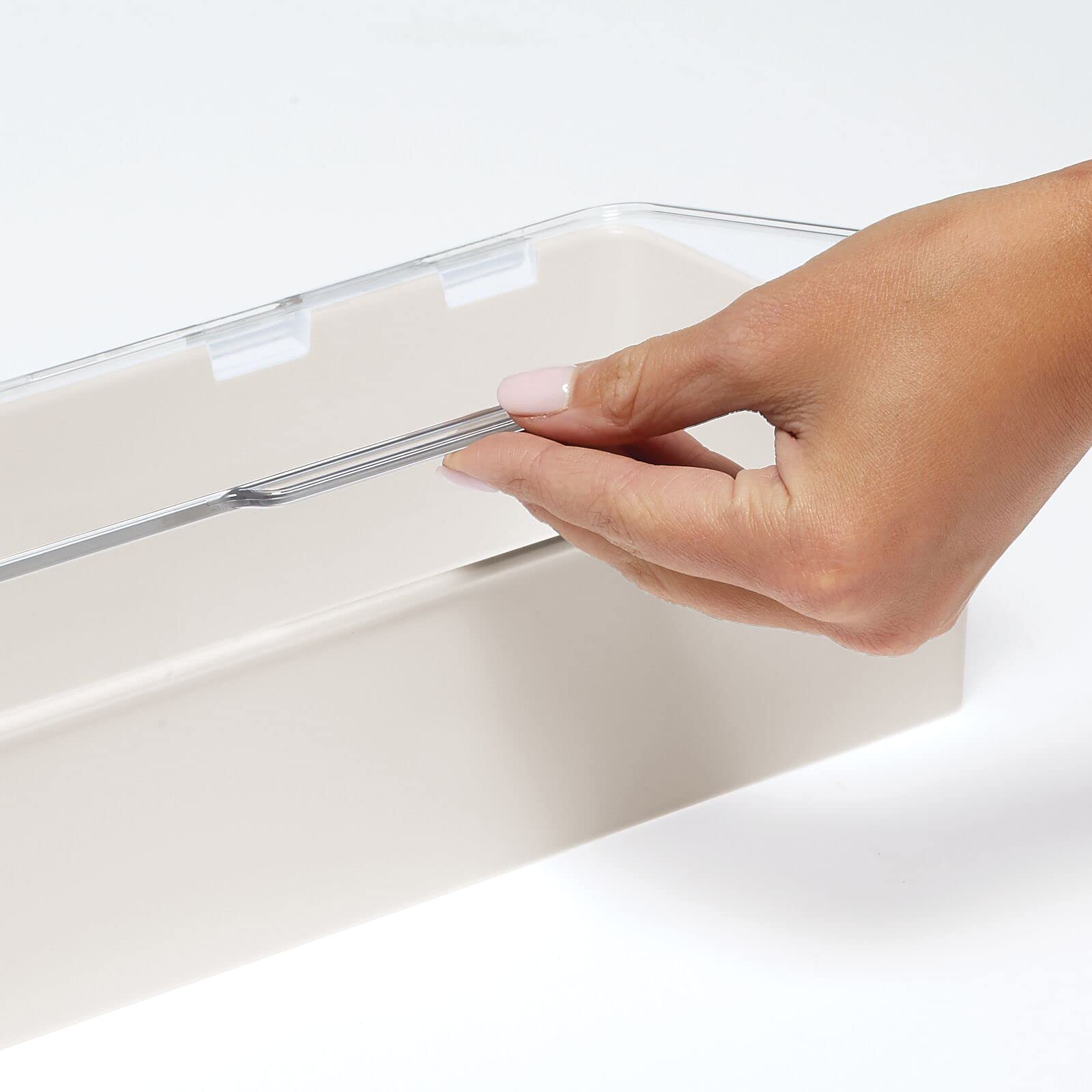 mDesign Long Plastic Cosmetic Storage Organizer Box Set with Hinged Lids — 2 Pack Cream/Beige/Clear
