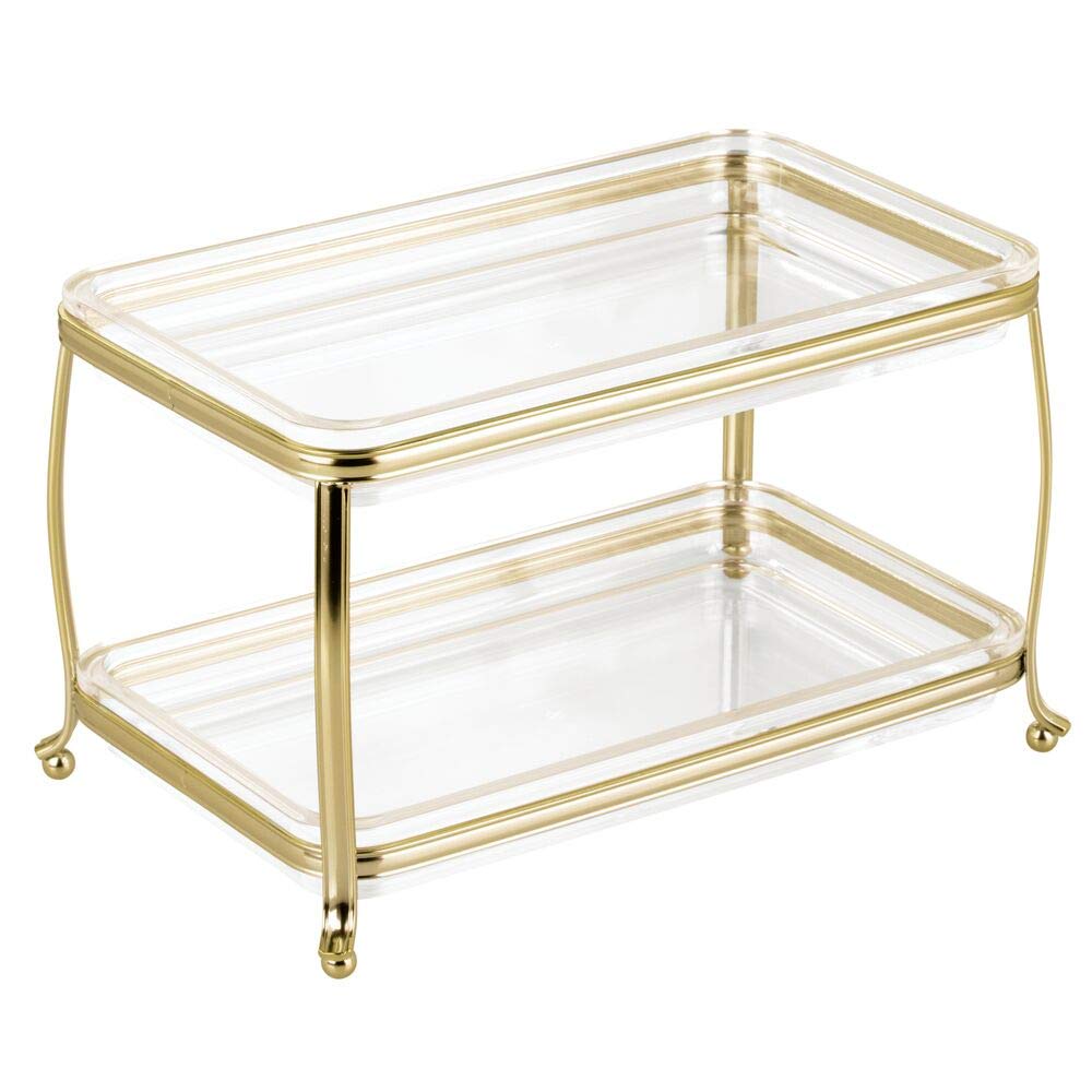 mDesign 2-Tier Decorative Makeup Organizer Vanity Tray – Soft Brass/Clear