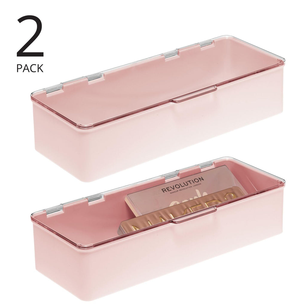 mDesign Long Plastic Cosmetic Storage Organizer Box Set 2 Pack Hinged Lid Light Pink/Clear