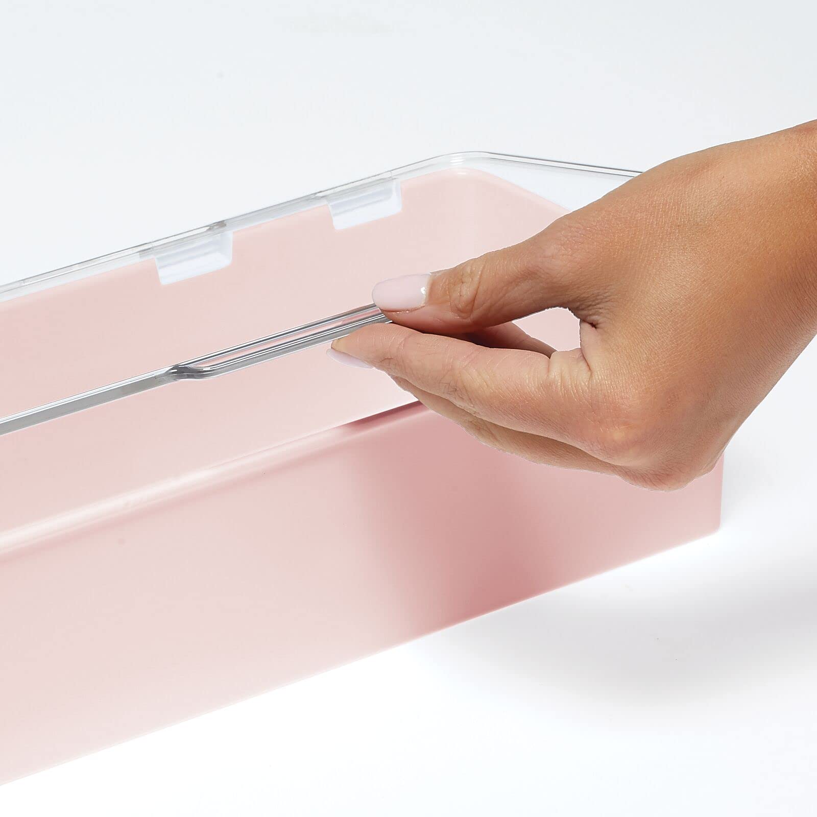mDesign Long Plastic Cosmetic Storage Organizer Box Set 2 Pack Hinged Lid Light Pink/Clear
