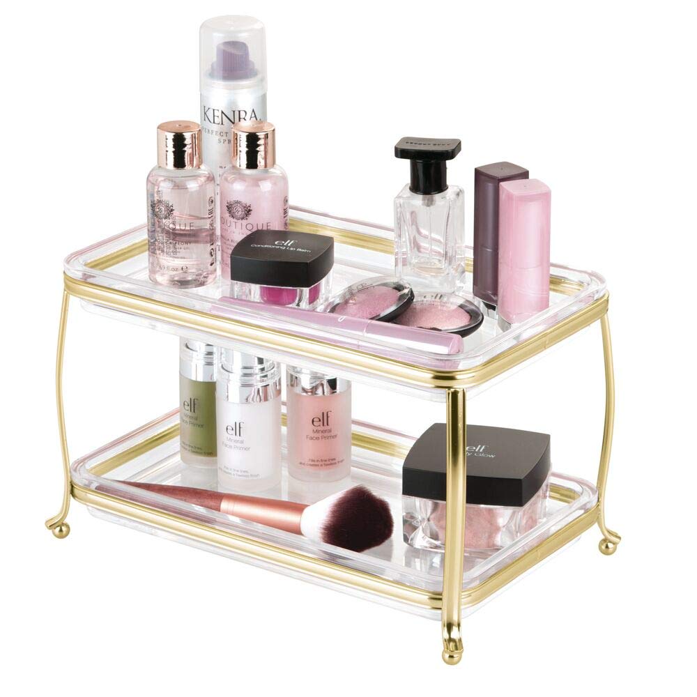 mDesign 2-Tier Decorative Makeup Organizer Vanity Tray – Soft Brass/Clear