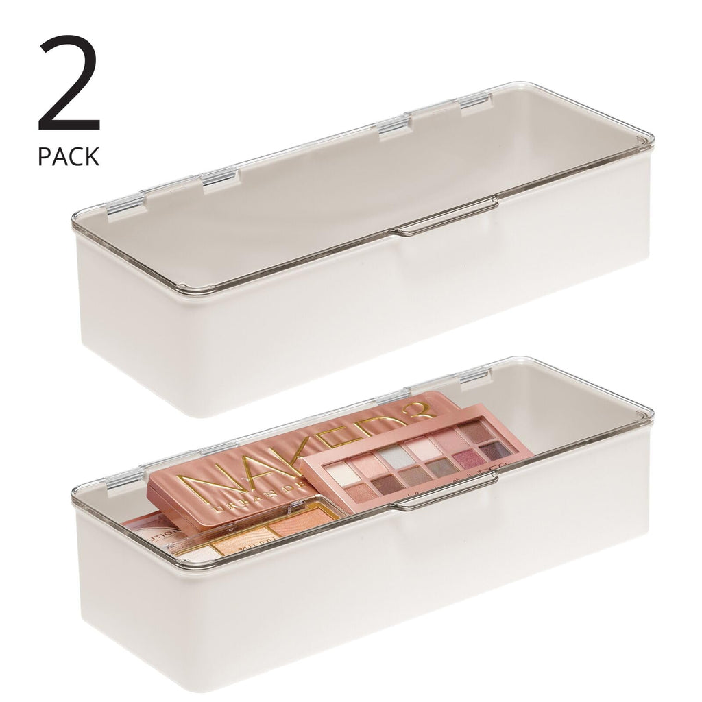 mDesign Long Plastic Cosmetic Storage Organizer Box Set with Hinged Lids — 2 Pack Cream/Beige/Clear