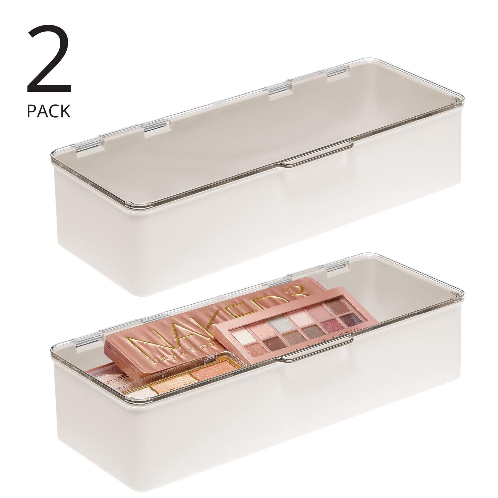 mDesign Long Plastic Cosmetic Storage Organizer Box Set with Hinged Lids — 2 Pack Cream/Beige/Clear