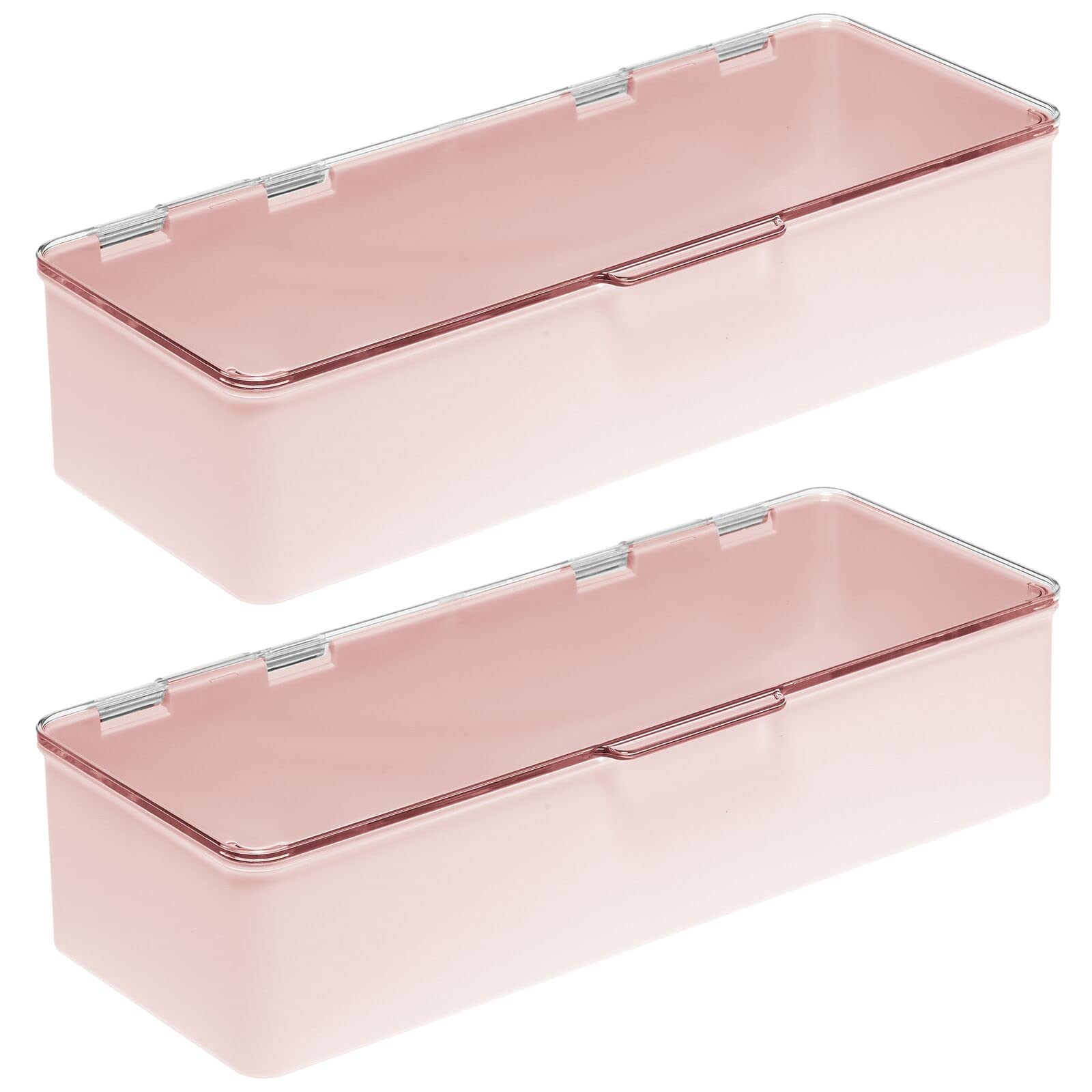 mDesign Long Plastic Cosmetic Storage Organizer Box Set 2 Pack Hinged Lid Light Pink/Clear