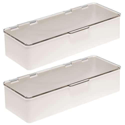 mDesign Long Plastic Cosmetic Storage Organizer Box Set with Hinged Lids — 2 Pack Cream/Beige/Clear