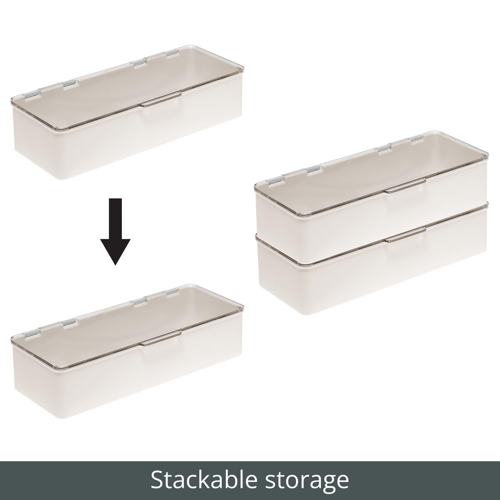 mDesign Long Plastic Cosmetic Storage Organizer Box Set with Hinged Lids — 2 Pack Cream/Beige/Clear