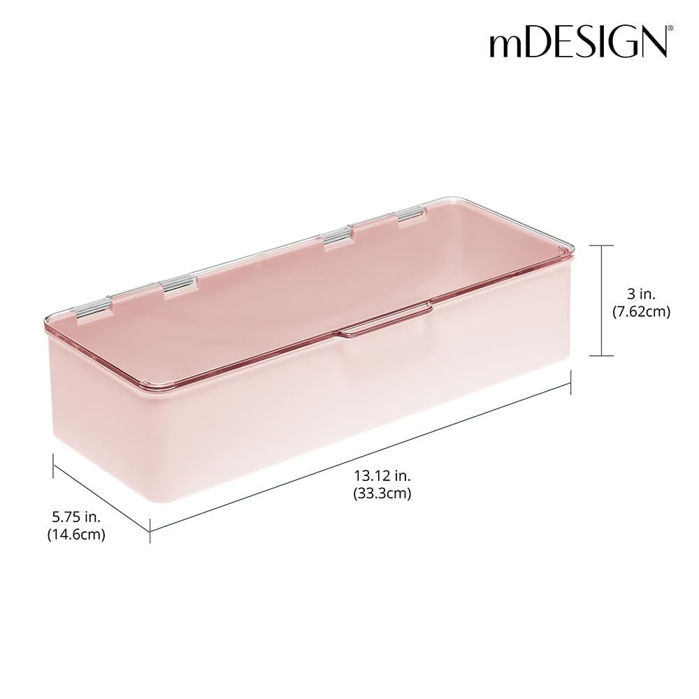 mDesign Long Plastic Cosmetic Storage Organizer Box Set 2 Pack Hinged Lid Light Pink/Clear