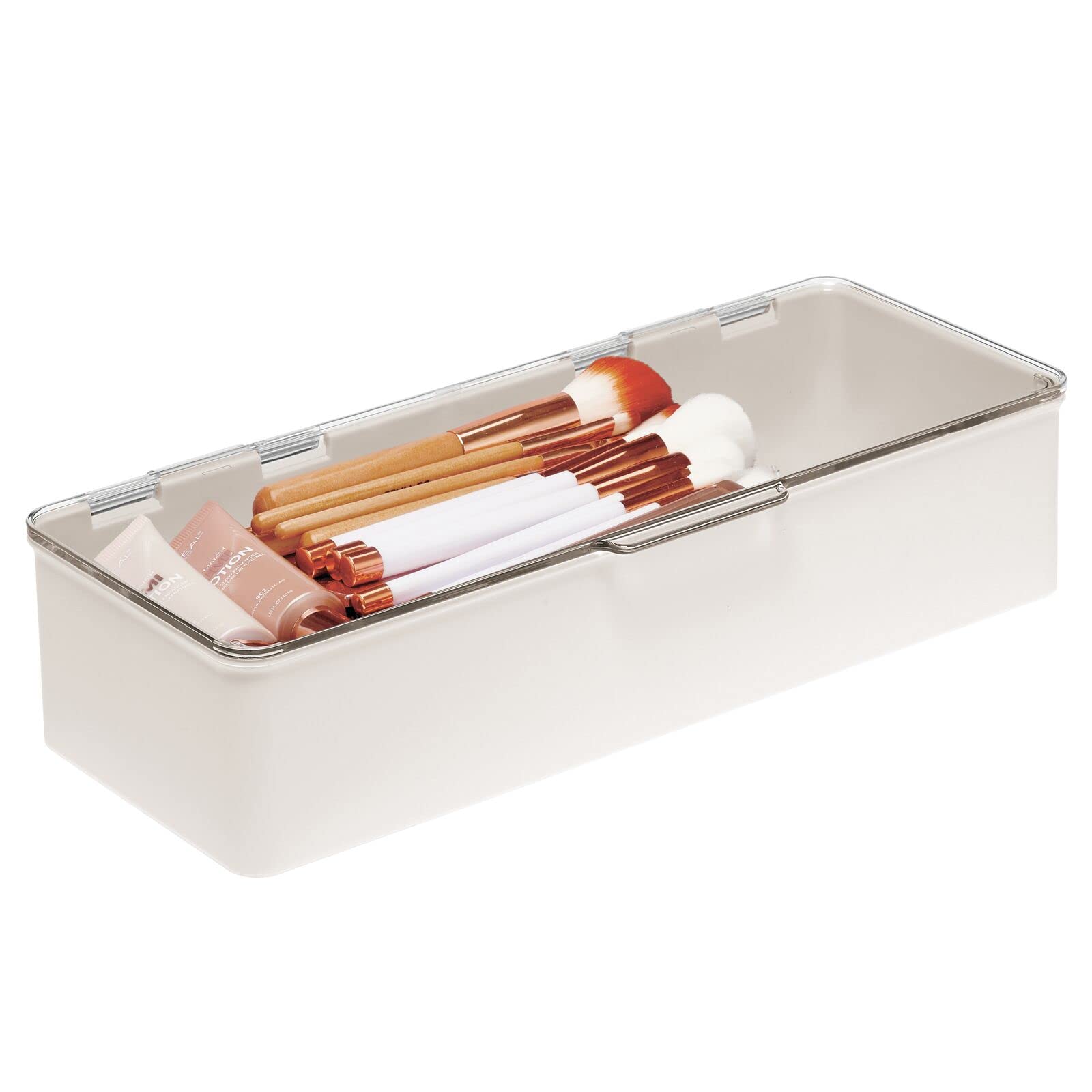 mDesign Long Plastic Cosmetic Storage Organizer Box Set with Hinged Lids — 2 Pack Cream/Beige/Clear