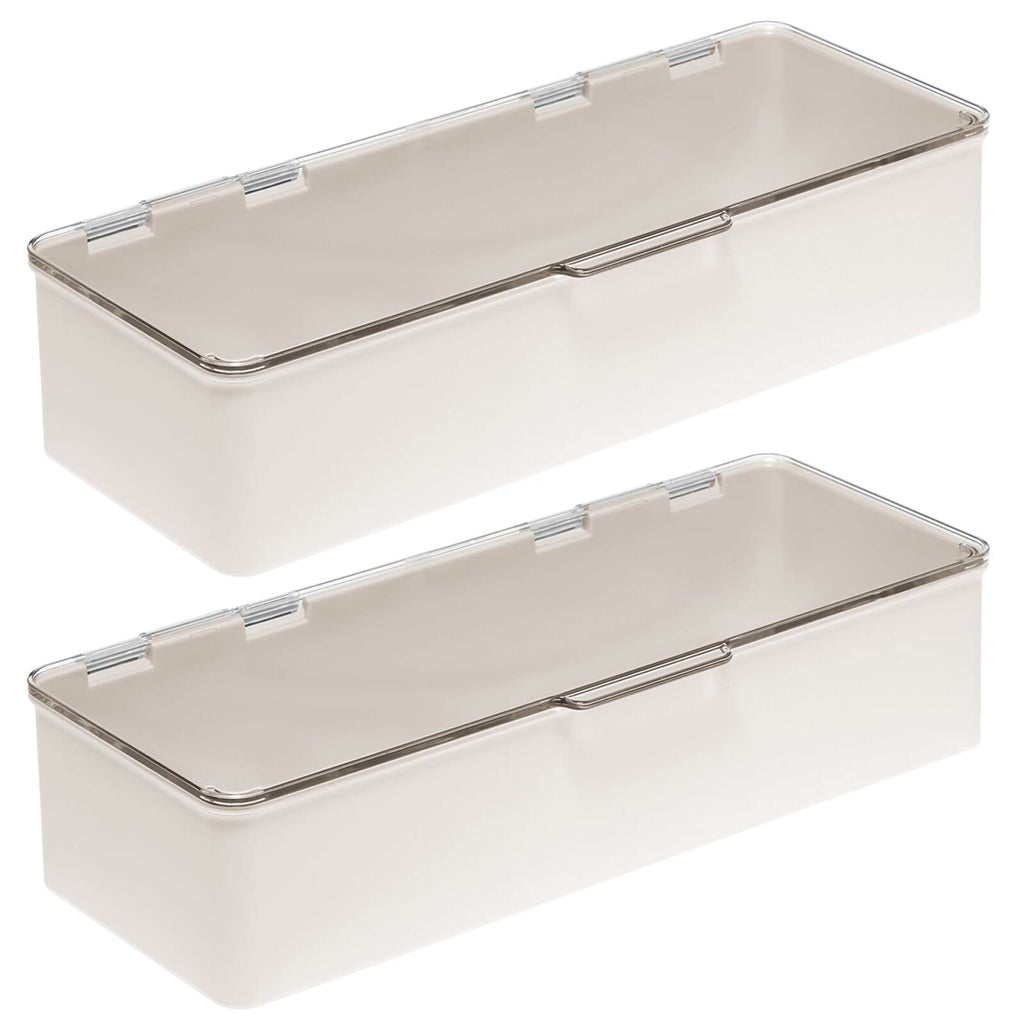 mDesign Long Plastic Cosmetic Storage Organizer Box Set with Hinged Lids — 2 Pack Cream/Beige/Clear