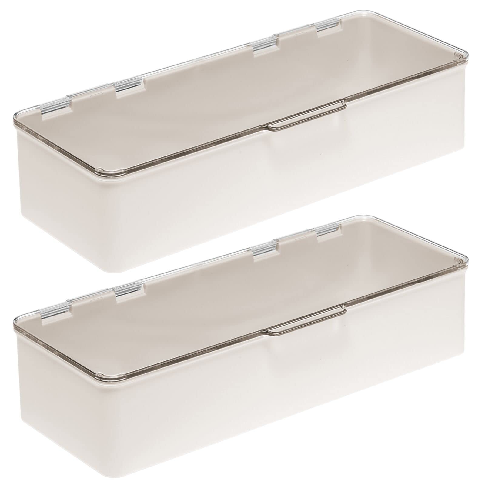 mDesign Long Plastic Cosmetic Storage Organizer Box Set with Hinged Lids — 2 Pack Cream/Beige/Clear