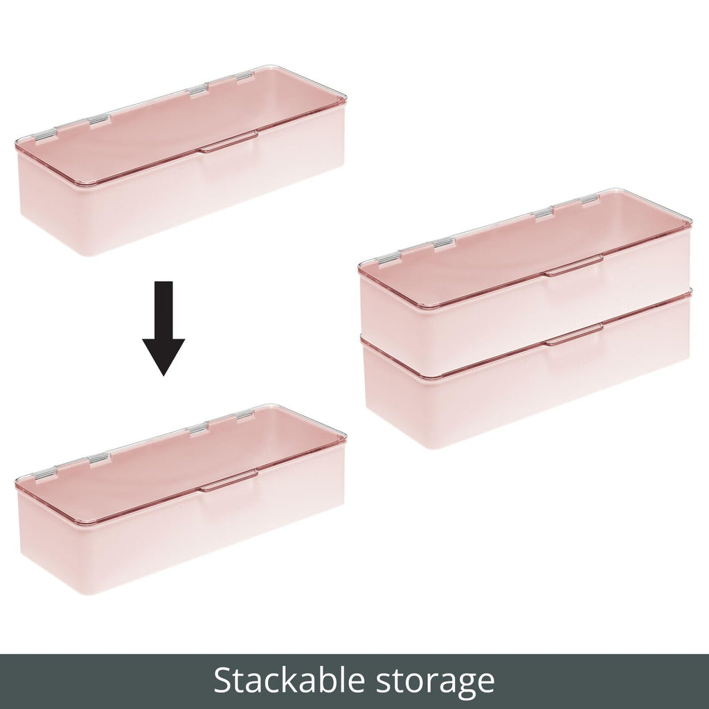 mDesign Long Plastic Cosmetic Storage Organizer Box Set 2 Pack Hinged Lid Light Pink/Clear