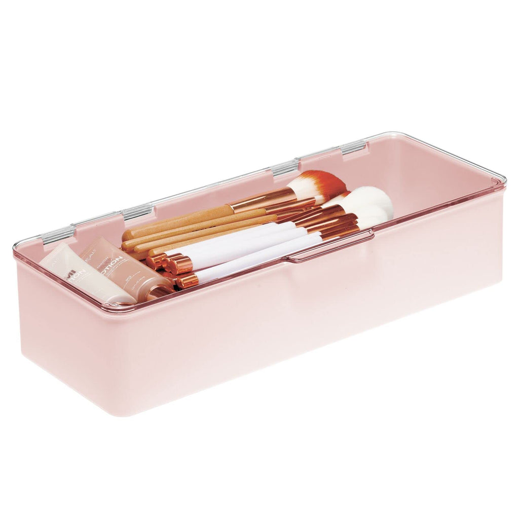 mDesign Long Plastic Cosmetic Storage Organizer Box Set 2 Pack Hinged Lid Light Pink/Clear