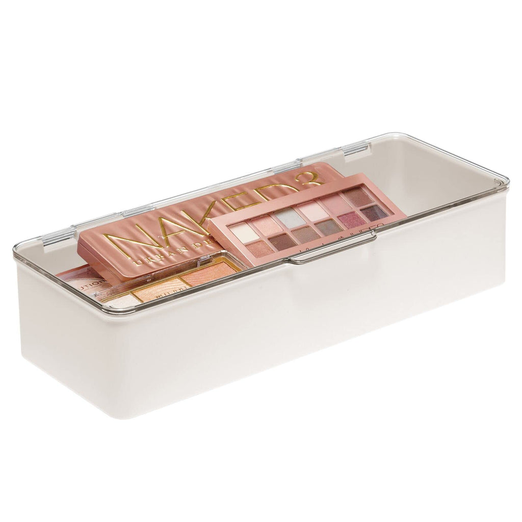 mDesign Long Plastic Cosmetic Storage Organizer Box Set with Hinged Lids — 2 Pack Cream/Beige/Clear