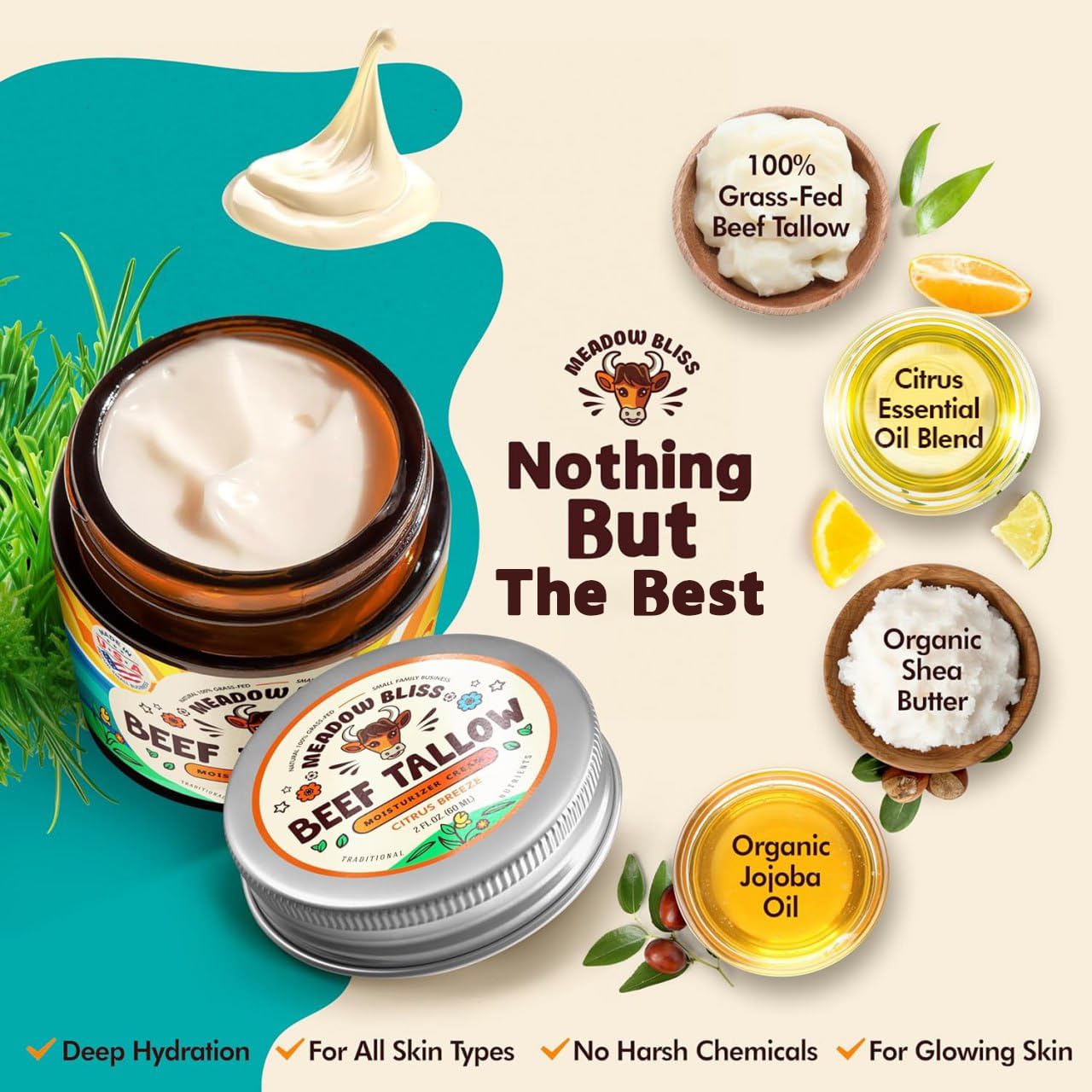 Meadow Bliss Beef Tallow for Skin – Moisturizer Cream with Grass-Fed Tallow, Organic Jojoba Oil & Shea Butter | Citrus Breeze | 4 oz | Made in USA