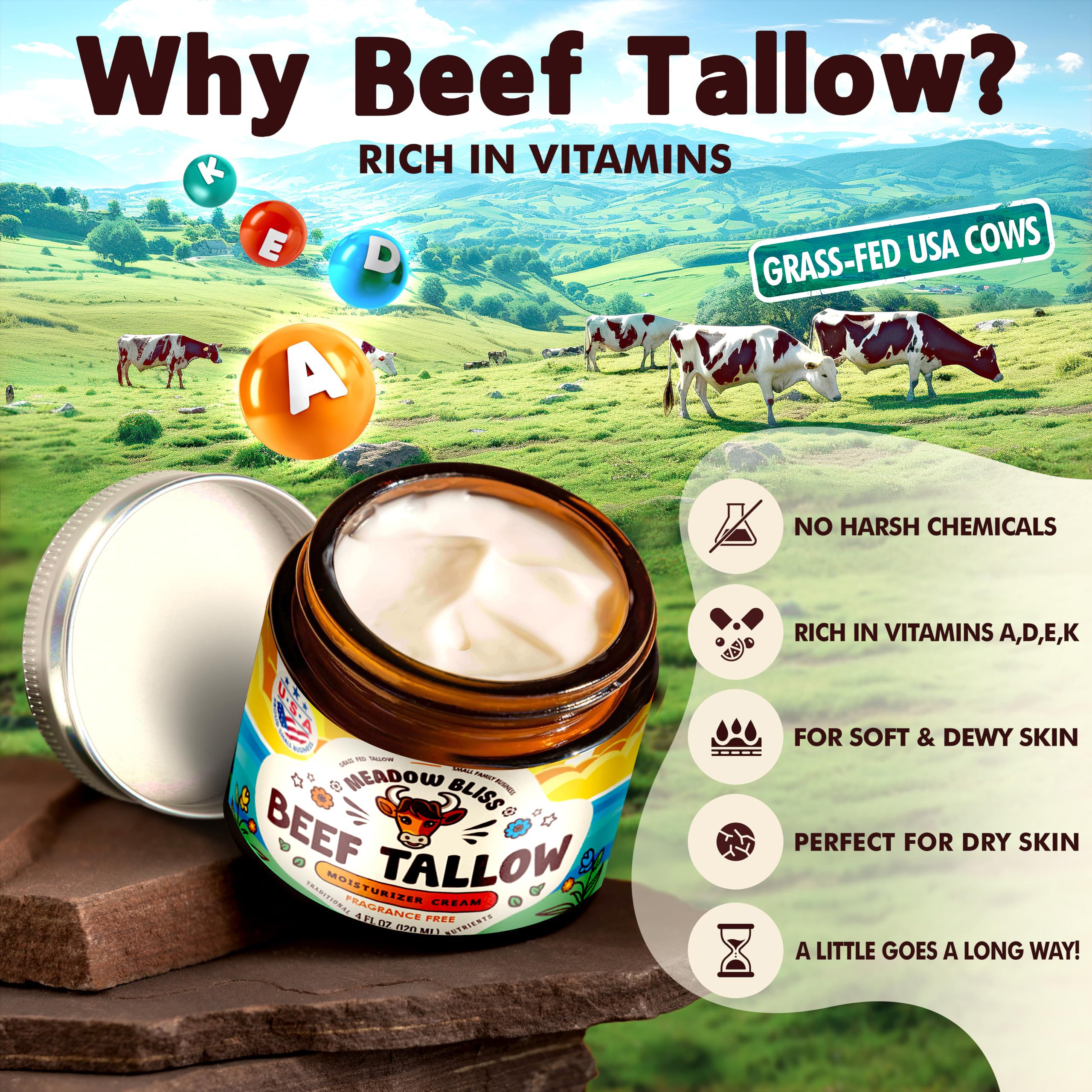 Meadow Bliss Beef Tallow for Skin – Whipped Moisturizer with Manuka Honey & Jojoba Oil | Citrus Breeze, 4 oz